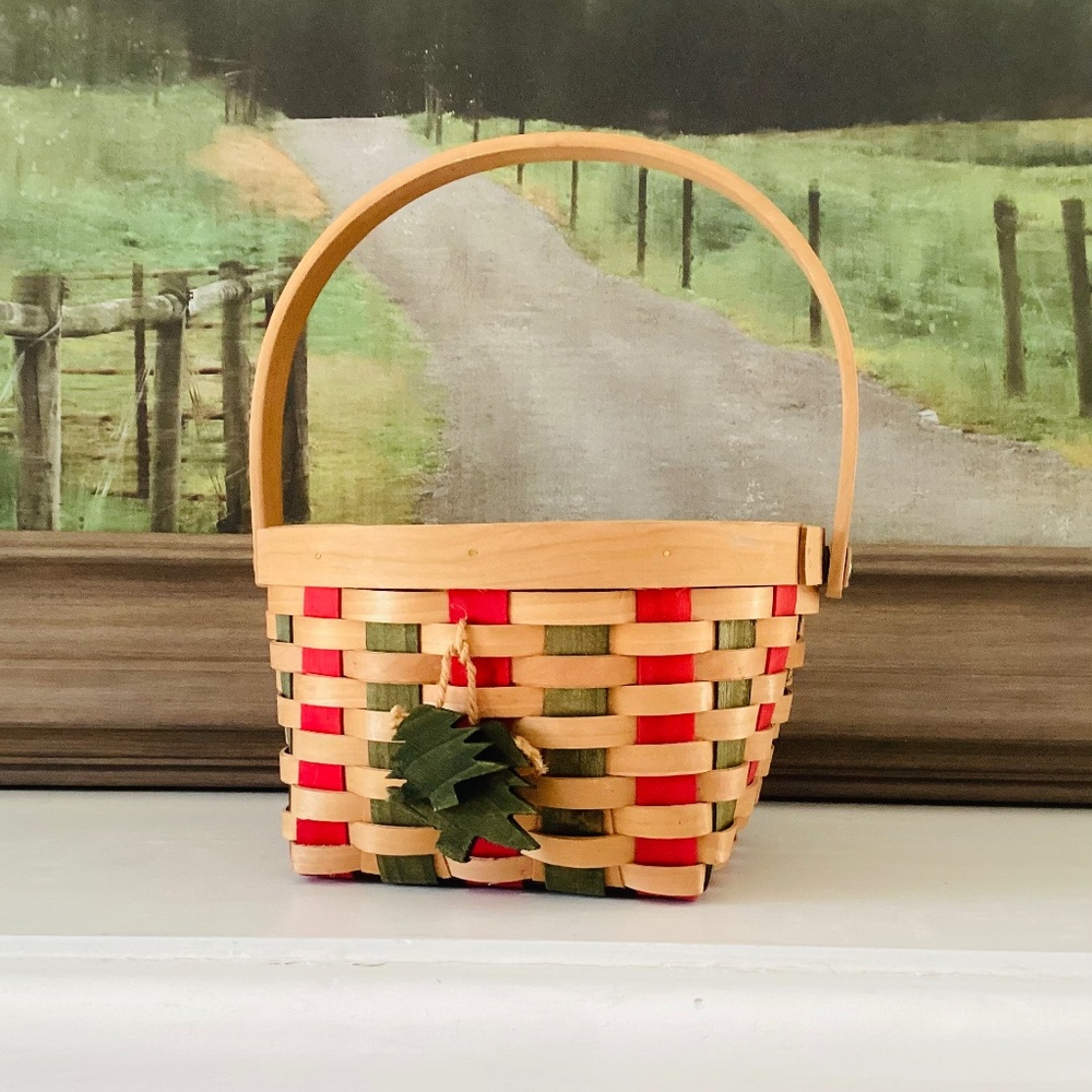 Christmas Woven Wooden Basket Red Green 8" X 5" Gift Basket Decor Accent Rustic